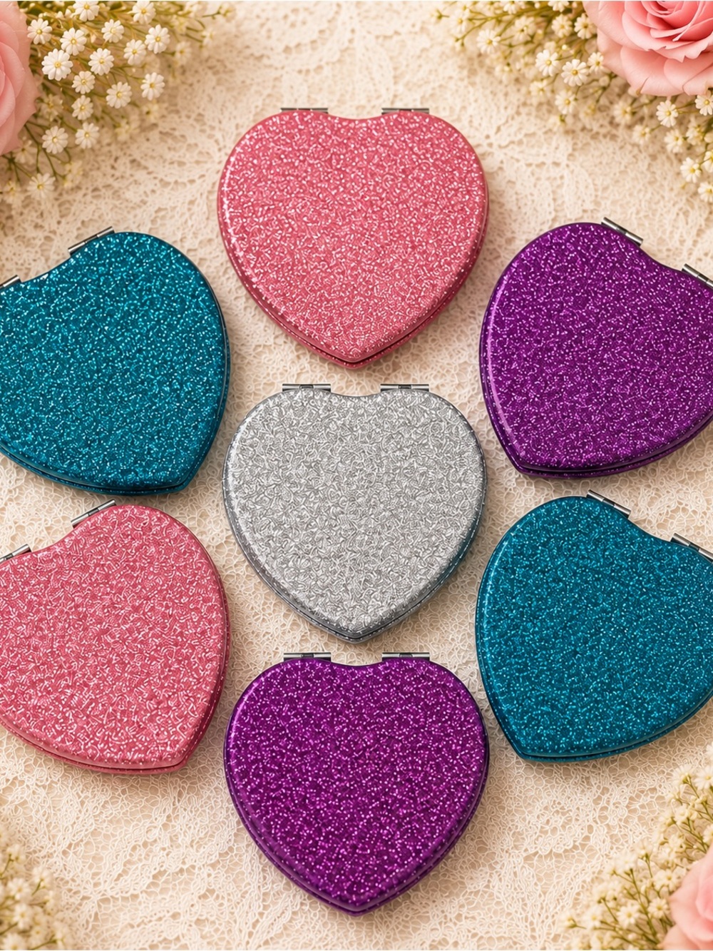 Set of 7 Like-New Glitter Heart Compact Mirrors | Bridesmaid Gifts| Party Favors